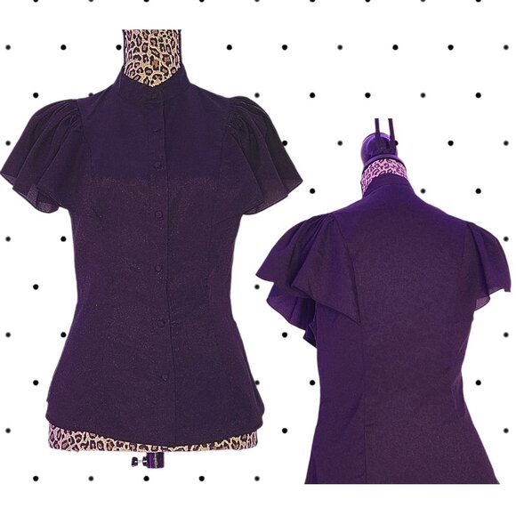 Black bottom up blouse with ruffled cap sleeves - Picture 1 of 4